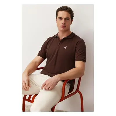 Trendyol Dark Brown Regular/Normal Cut 100% Cotton Embroidered Polo Neck T-shirt