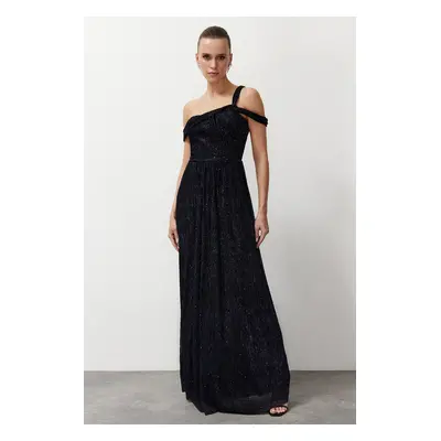 Trendyol Navy Blue A-Cut Asymmetrical Neckline Knitted Long Evening Dress