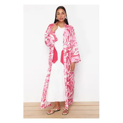 Trendyol Fuchsia Tropical Patterned Long Woven Kimono & Kaftan