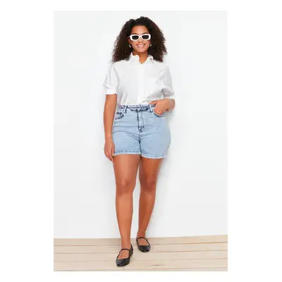 Trendyol Curve Light Blue High Waist Straight Fit Denim Shorts