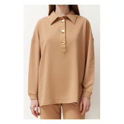 Trendyol Beige Oversize Polo Collar Gold Button Detailed Knitted Top-Bottom Set