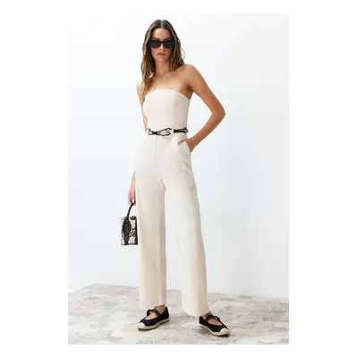 Trendyol Beige Strapless Collar Linen Look Maxi Woven Jumpsuit