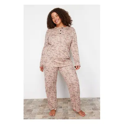 Trendyol Curve Mink Floral Pattern Knitted Pajamas Set