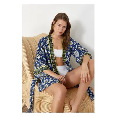 Trendyol Floral Patterned Belted Mini Woven 100% Cotton Kimono&Kaftan