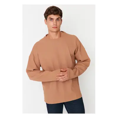 Trendyol Camel Oversize/Wide Cut Stitch Detail Textured Crew Neck T-Shirt