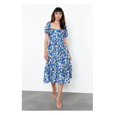 Trendyol Blue Floral Viscose Waist Opening Midi Woven Dress