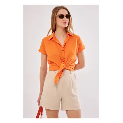 armonika Women's Orange Short Sleeve Linen Shirt