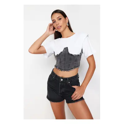 Trendyol Anthracite Denim Detailed Crop Padded Knitted Blouse