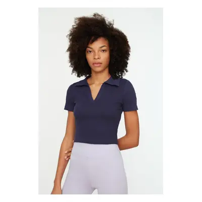 Trendyol Navy Blue Fitted/Sticky Crop Polo Neck Corduroy Knitted Blouse