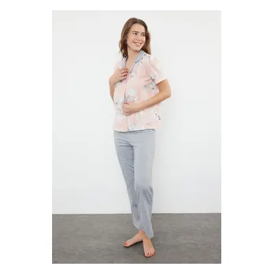 Trendyol Grey 100% Cotton Floral Knitted Pajamas Set