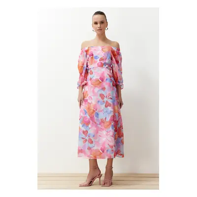 Trendyol Pink Floral Patterned A-Line Madonna Collar Chiffon Lined Maxi Woven Dress