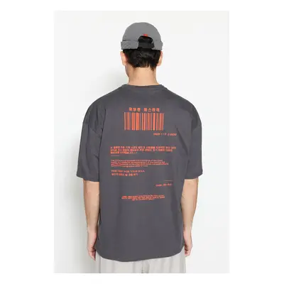 Trendyol Anthracite Oversize/Wide Cut Short Sleeve Far East Printed 100% Cotton T-Shirt