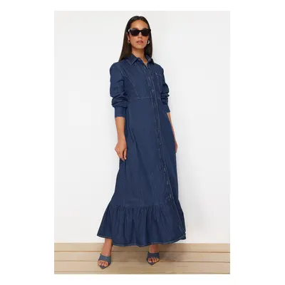 Trendyol Dark Blue Ruffle Hem Maxi Modest Denim Shirt Dress