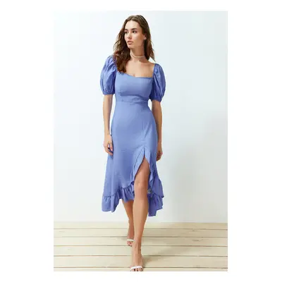 Trendyol Blue Skirt Flounce Balloon Sleeve Midi Woven Dress