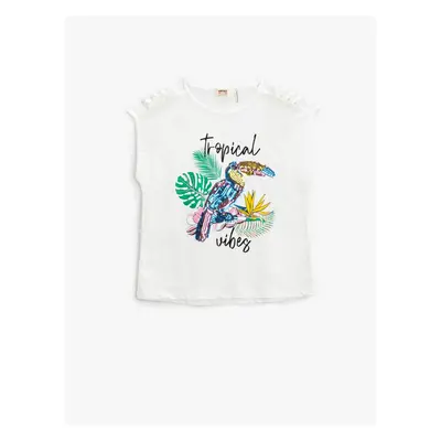 Koton Parrot Stamp Sequin Embroidered T-Shirt Window Detail Sleeveless