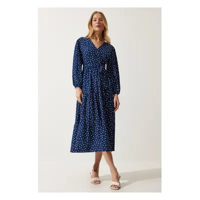 Happiness İstanbul Women's Navy Blue Wrapover Neck Polka Dot Knitted Dress