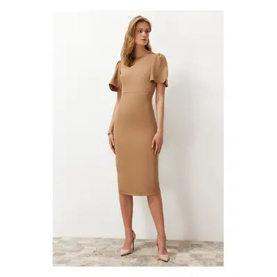 Trendyol Mink A-Line Midi Pencil Skirt Woven Dress with Pleat Detail on the Sleeve