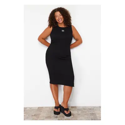 Trendyol Curve Black Embroidery Detail Midi Knitted Plus Size Dress