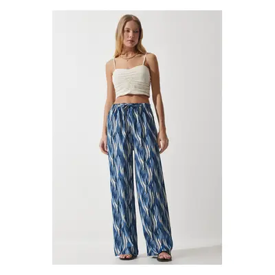 Happiness İstanbul Women's Blue Ecru Patterned Flowing Viscose Palazzo Trousers