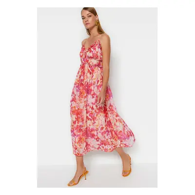 Trendyol Multi Color Floral Print A-Cut Ruffle Detail Lined Chiffon Maxi Woven Dress