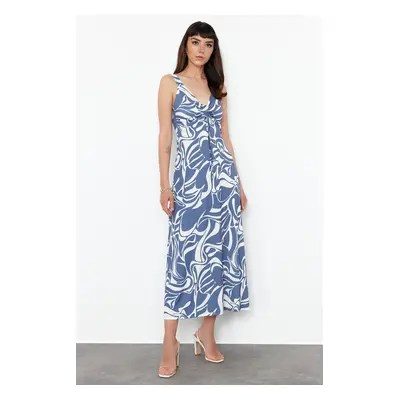 Trendyol Indigo Fitted Ruffle Detailed Sleeveless Flexible Knitted Maxi Dress