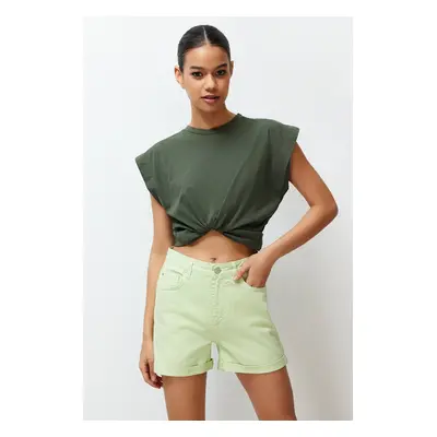 Trendyol Water Green Folded High Waist Denim Shorts