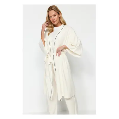 Trendyol Beige 2-Piece Viscose Tie Dressing Gown-Pajama Bottom Woven Pajamas Set