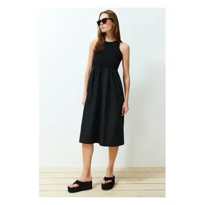 Trendyol Black Waist Open Fabric Mixed Midi Woven Dress