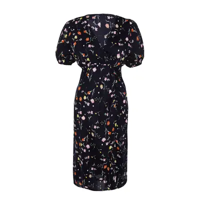 Trendyol Curve Navy Blue Floral Knitted Dress With Double Breasted Collar