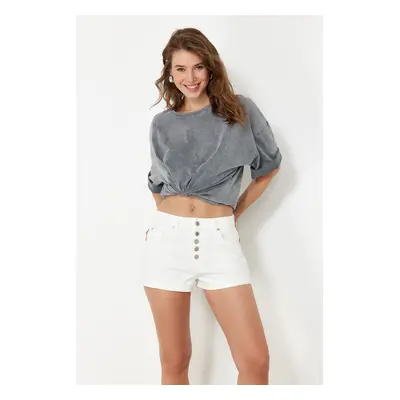 Trendyol White Button Front High Waist Denim Mini Shorts