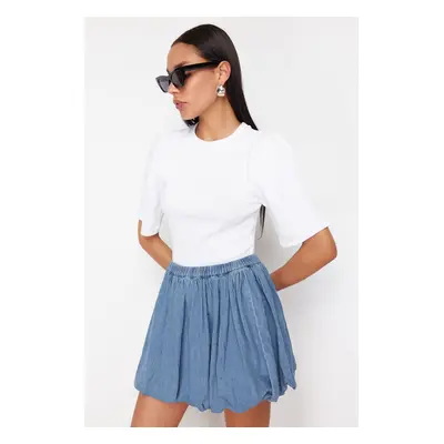 Trendyol White Balloon Sleeve Crew Neck Ribbed Stretchy Knitted Blouse