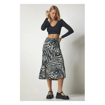 Happiness İstanbul Women's Black Cream Patterned Viscose Skirt with a Slit