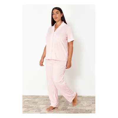 Trendyol Curve Pink Striped Shirt Collar Knitted Pajama Set