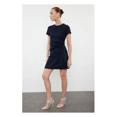 Trendyol Navy Blue Tie Detailed Crew Neck Knitwear Look Mini Knitted Dress