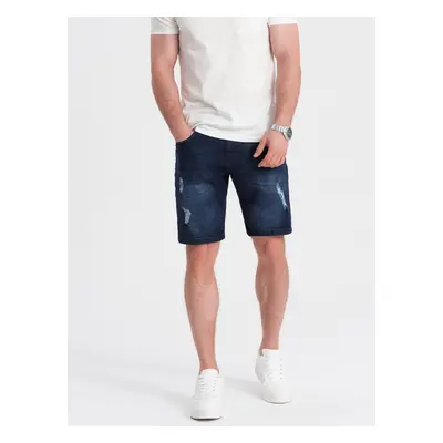 Ombre Men's denim short shorts with holes - dark blue