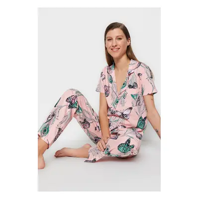 Trendyol Pink 100% Cotton Butterfly Patterned Shirt-Pants Knitted Pajama Set