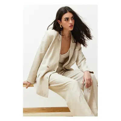 Trendyol Beige Double Breasted Closure Cotton Linen Woven Blazer Jacket