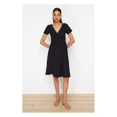 Trendyol Black Ruffled Double Breasted Closed Skater/Waist Opened Flexible Midi Knitted Dress