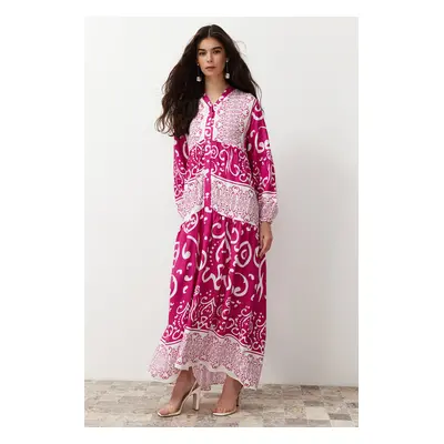 Trendyol Fuchsia Shawl Patterned Button Detailed Woven Dress