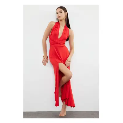 Trendyol Red Belted Tied Knitted Maxi Beach Dress