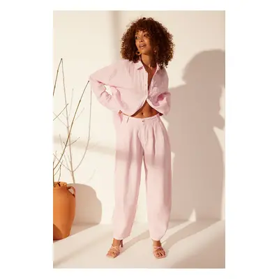 Trendyol Pink 100% Linen High Waist Barrel Trousers