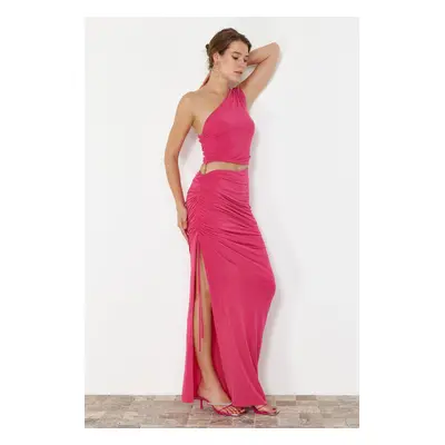 Trendyol Limited Edition Fuchsia Long Evening Dress with Fitted Accessories