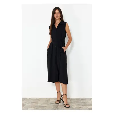 Trendyol Black Belted Plain Midi Belted Black Sleeveless Shirt Woven Dress