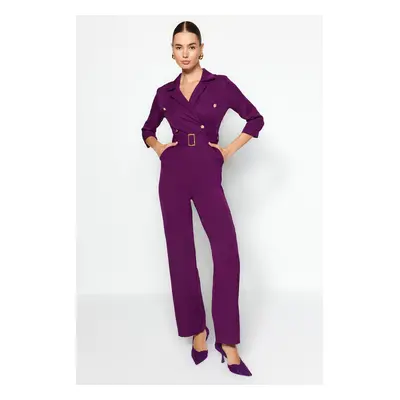 Trendyol Plum Belt, Double Breasted Collar Woven Jumpsuit