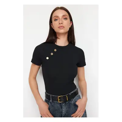 Trendyol Black Button Detailed Ribbed Fitted/Fitted Stretch Knitted Blouse