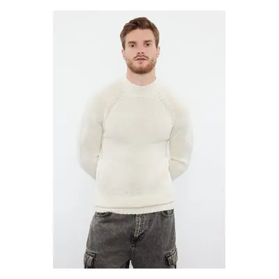 Trendyol Ecru Slim Fit Slim Cut Half Turtleneck Raglan Sleeve Plain Basic Knitwear Sweater