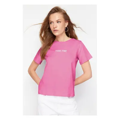 Trendyol Pink 100% Cotton Slogan Embroidered Relaxed/Comfortable Pattern Knitted T-Shirt