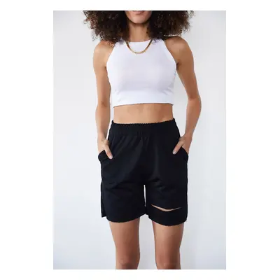 XHAN Women's Black Ripped Detailed Shorts