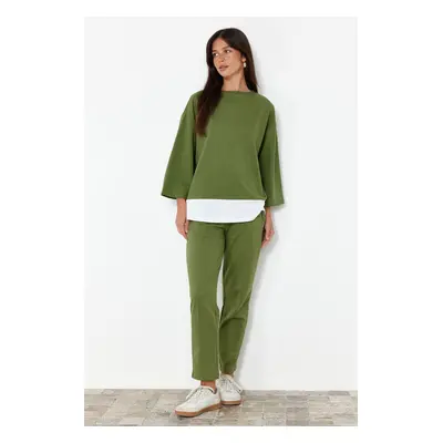 Trendyol Khaki Relaxed Pattern Woven Garni Detailed Knitted Blouse Trousers Bottom-Top Set