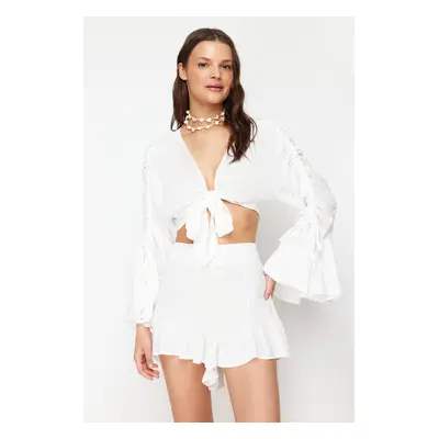 Trendyol Ecru Woven Ruffle Blouse Shorts Set